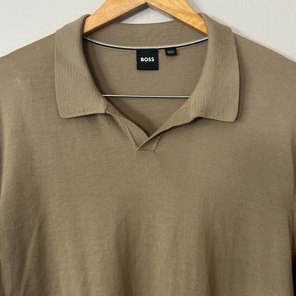 BOSS Sweater Mens XXL Brown Johnny Collar Polo 100% Virgin Wool Long Sleeve